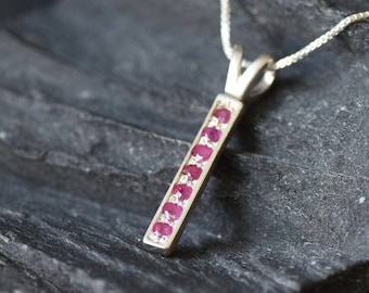Red Ruby Pendant, Natural Ruby, Layering Necklace, Ruby Bar Pendant, Vertical Pendant, Drop Pendant, Dainty Pendant, July Birthstone, Silver