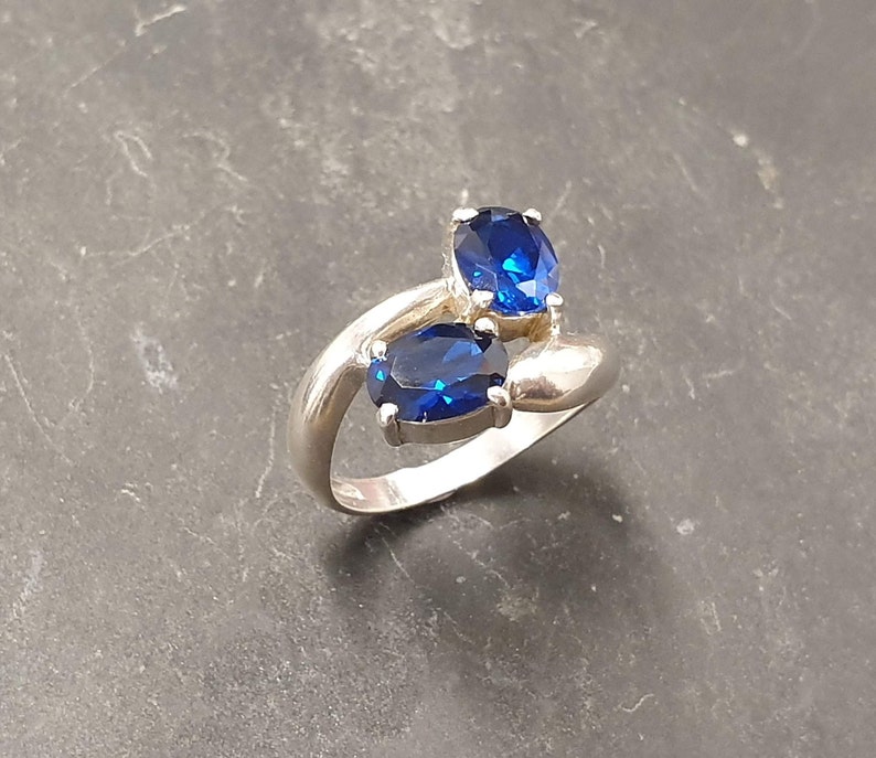 Blue Sapphire Ring Asymmetric Ring Blue Diamond Ring Sapphire Ring Vintage Ring Created Sapphire Two Stone Ring Solid Silver Ring