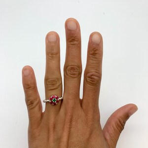 Ruby Flower Ring, Created Ruby, Daisy Emerald Ring, Dainty Flower Ring, Red Gemstone Ring, Silver Bubble Band, For Her, Adina Stone