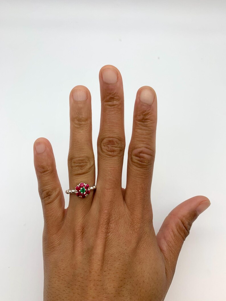 Ruby Flower Ring, Created Ruby, Daisy Emerald Ring, Dainty Flower Ring, Red Gemstone Ring, Silver Bubble Band, For Her, Adina Stone