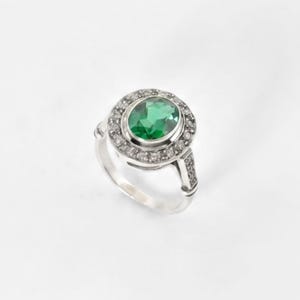 Vintage Inspired Emerald Ring, Green Oval Promise Ring, CZ Halo Solid Sterling Silver