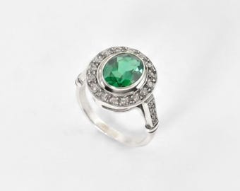 Vintage Inspired Emerald Ring, Green Oval Promise Ring, CZ Halo Solid Sterling Silver