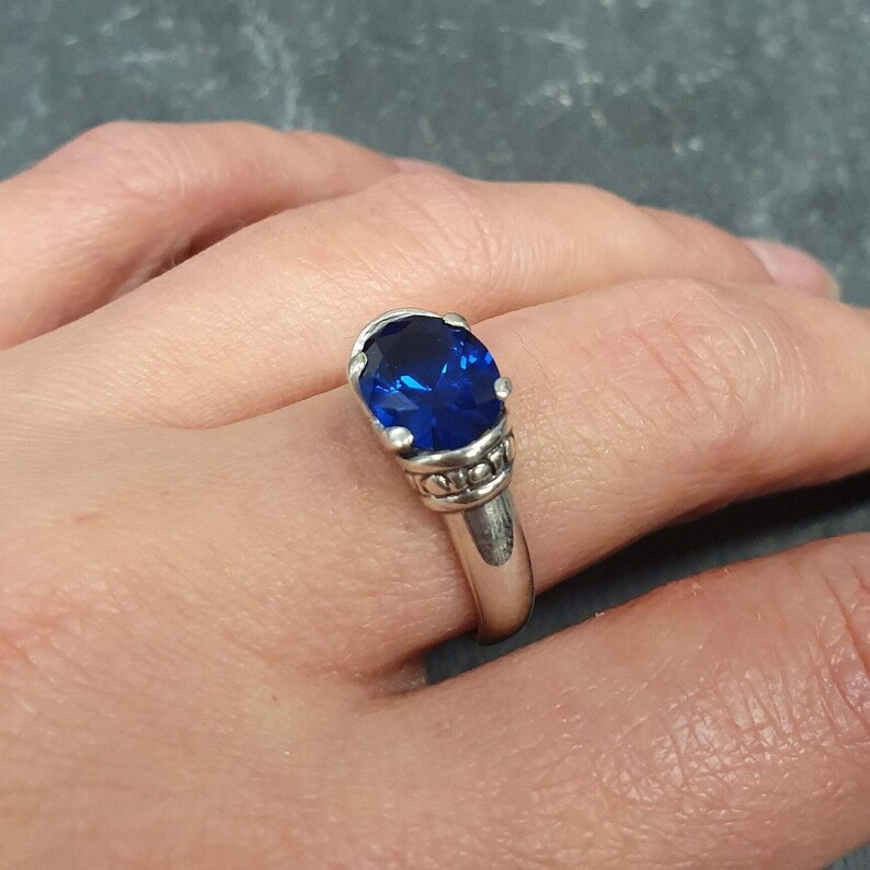 Sapphire Ring, Blue Sapphire Ring, Created Sapphire, Horizontal Ring, Blue Vintage Ring, Blue Diamond Ring, Royal Blue Ring, 925 Silver Ring image 9