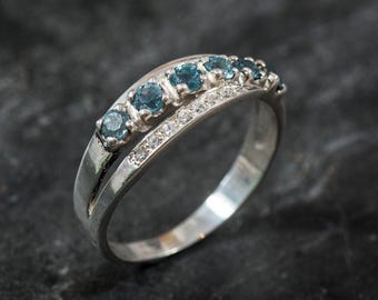 Blue Topaz Ring, Natural Blue Topaz, December Birthstone, Triple Silver Band, Blue Vintage Ring, Topaz Ring, Blue Diamond Ring, Silver Ring