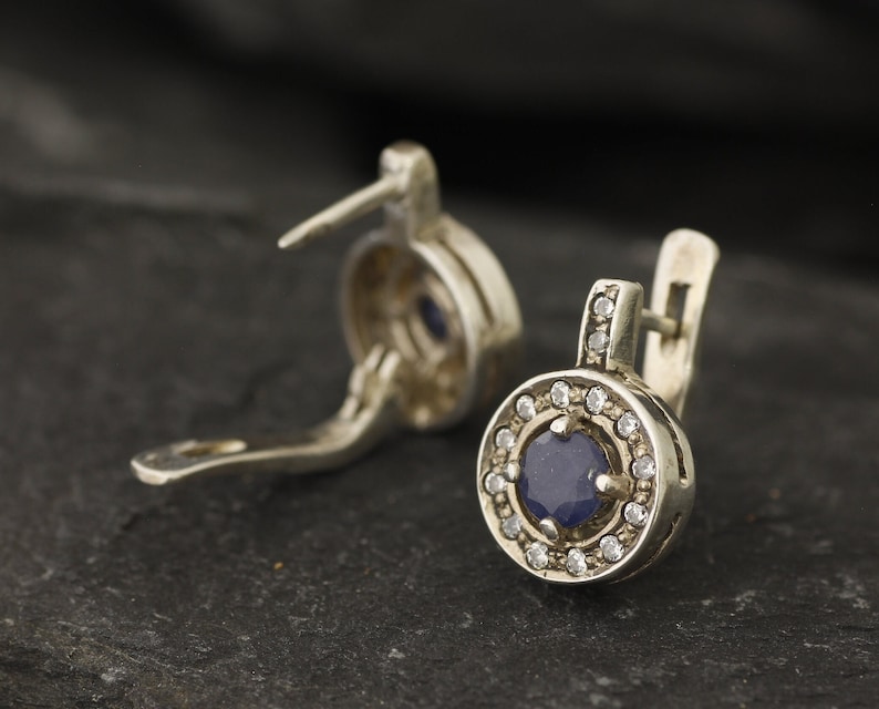 Natural Sapphire Earrings, Natural Sapphire, September Birthstone, Vintage Earrings, Sapphire Earrings, Round Earrings, 925 Silver, Sapphire image 7