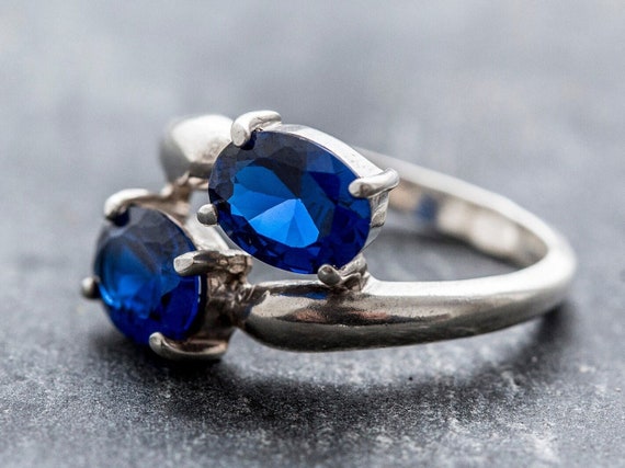 Sapphire Ring Blue Sapphire Ring Created Sapphire Bypass Ring Vintage Rings Pure Silver Two Stone Ring Solid Silver Ring Blue Ring