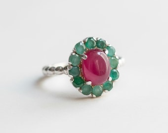 Anillo de esmeralda natural, anillo de rubí, rubí natural, anillos vintage, anillo de piedra natal de mayo, anillo de piedra natal de julio, anillo de esmeralda de plata, anillo victoriano, 925