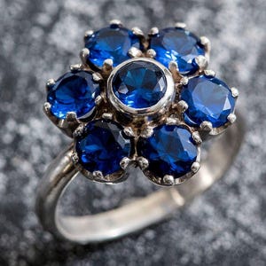 Flower Ring, Sapphire Ring, Created Sapphire, Valentines Gift, Vintage Rings, Blue Flower Ring, Large Flower Ring, Silver Ring, Sapphire