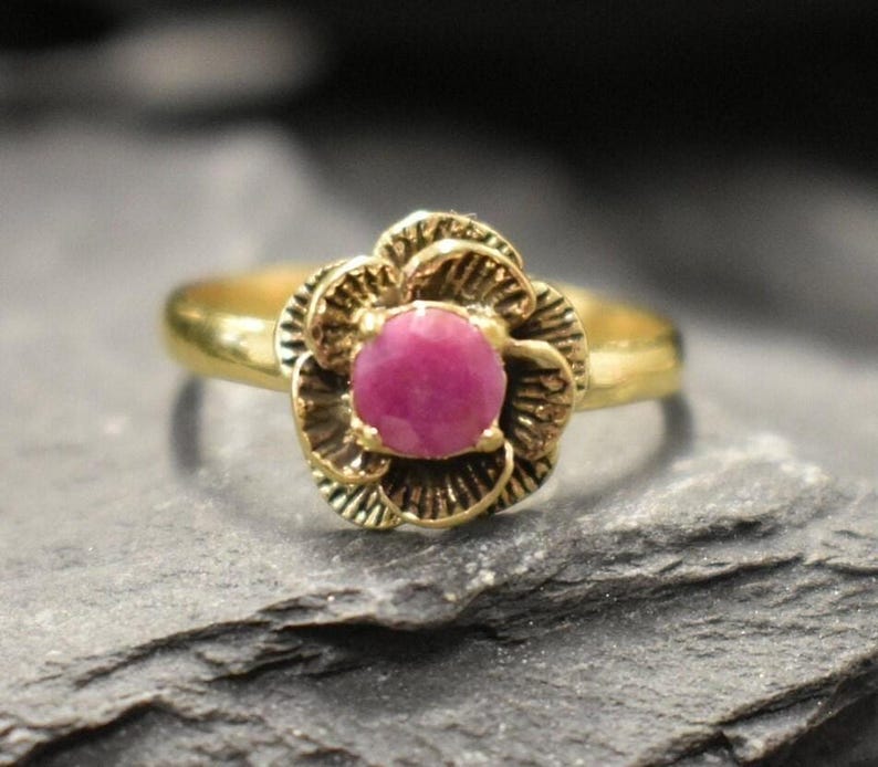 Ruby Ring, Gold Ruby Ring, Natural Ruby Ring, July Birthstone, Gold Flower Ring, Vintage Flower Ring, Gold Floral Ring, Solid Silver Ring image 3