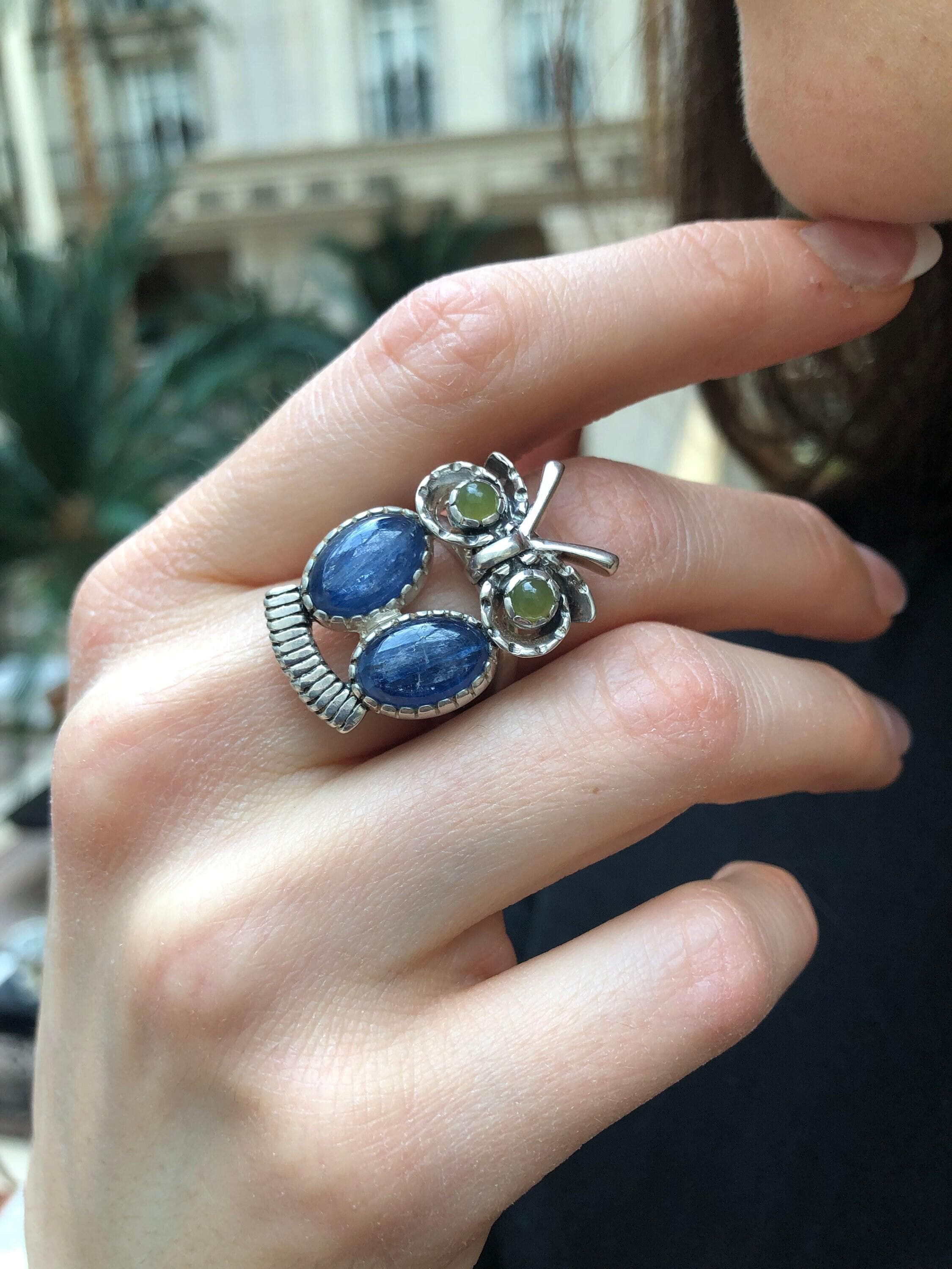 Owl Ring, Natural Kyanite, Statement Ring, Taurus Birthstone, Large Owl Ring, Vintage Ring, Animal R