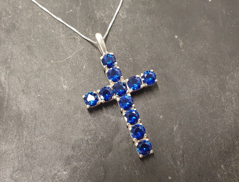 Cross Pendant Symbolic Pendant Sapphire Pendant Vintage Cross Pendant Blue Cross Necklace Created Sapphire Solid Silver Pendant