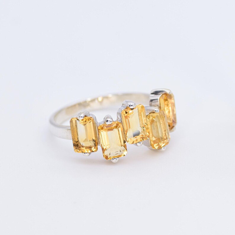 Emerald Cut Ring, Natural Citrine, Baguette Band, Half Eternity Band, November Birthstone, Asymmetric Ring, Yellow Ring, Solid Silver Ring image 8