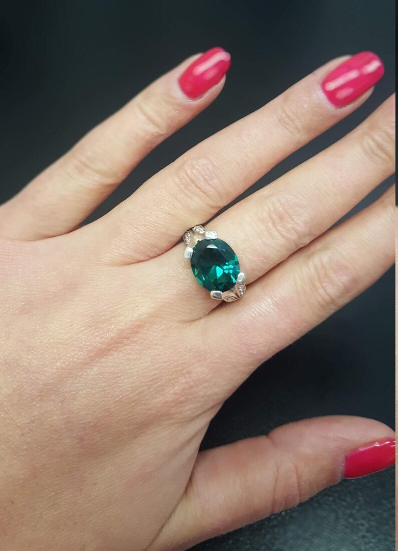 Anillo de esmeralda, anillo de esmeralda vintage, anillo verde esmeralda, esmeralda creada, anillos vintage, anillo de plata vintage, anillo horizontal, gema horizontal imagen 7