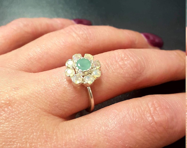 Flower Ring, Natural Emerald Ring, Natural Opal Ring, Vintage Flower Ring, October Birthstone, May Birthstone, Daisy Ring, 925 Silver Ring image 2