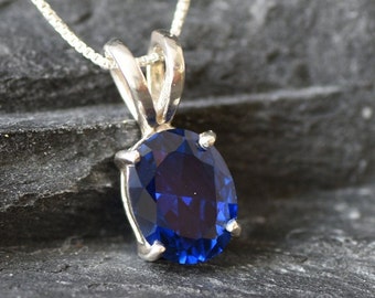 Sapphire Pendant, Created Sapphire, Blue Oval Pendant, 3 Carat Pendant, Sapphire Necklace, Dainty Blue Pendant, Simple Pendant, Solid Silver