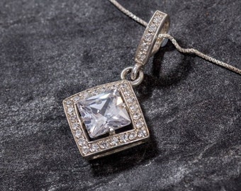 Sparkly Pendant, Diamond Pendant, Created Diamond, Square Pendant, Bridal Pendants, Clear Stone Pendant, Vintage Pendant, 925 Silver Pendant
