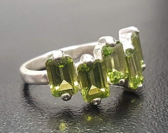 Peridot Ring, Natural Peridot, Emerald Cut Band, August Birthstone, Asymmetric Ring, Statement Ring, Vintage Green Ring, Solid Silver Ring