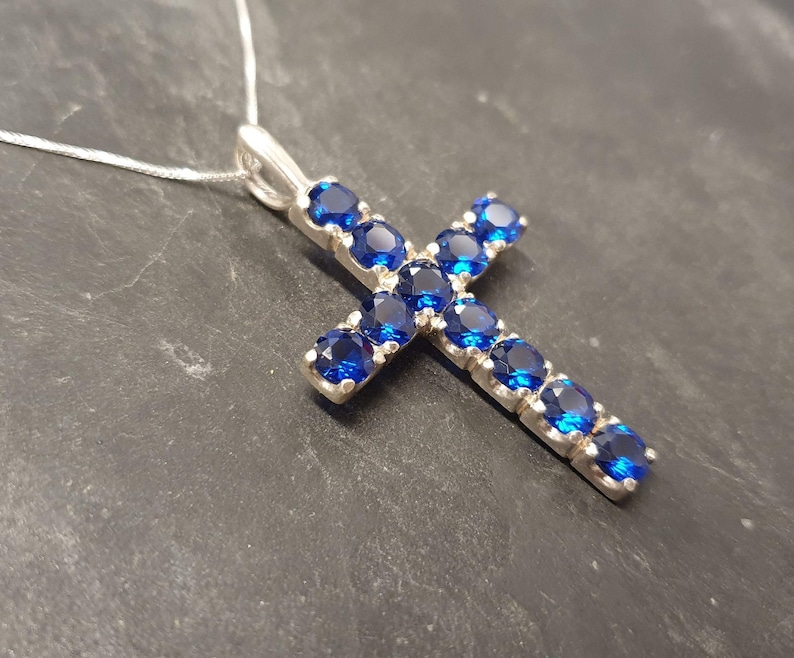 Cross Pendant Symbolic Pendant Sapphire Pendant Vintage Cross Pendant Blue Cross Necklace Created Sapphire Solid Silver Pendant
