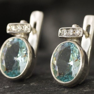 Aquamarine Earrings, Created Aquamarine, Blue Earrings, Vintage Earrings, Blue Diamond Earrings, Diamond Earrings, Solid Silver, Aquamarine