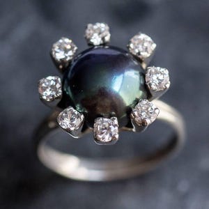 Natural Pearl Ring, Large Pearl Ring, Black Pearl Ring, June Birthstone, Black Antique Ring, Vintage Pearl Ring, CZ Diamonds, Adina Stone