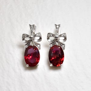 Large Ruby Earrings, Ribbon Earrings, Created Ruby Earrings, Vintage Earrings, Silver Ribbon, Ruby Earrings, Red Earrings, Antique Earrings
