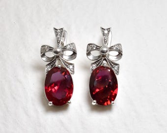 Large Ruby Earrings, Ribbon Earrings, Created Ruby Earrings, Vintage Earrings, Silver Ribbon, Ruby Earrings, Red Earrings, Antique Earrings