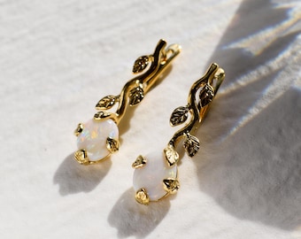 Gold Opal Earrings, Natural Opal, Leaf Earrings, Australian Opal, Branch Earrings, Gold Earrings, Gold Flower Earrings, 925 Silver Earrings