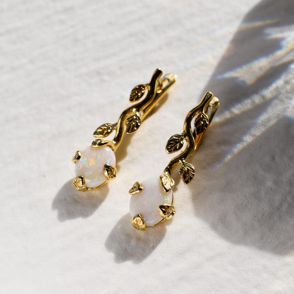 Gold Opal Earrings, Natural Opal, Leaf Earrings, Australian Opal, Branch Earrings, Gold Earrings, Gold Flower Earrings, 925 Silver Earrings