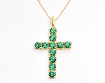 Gold Emerald Pendant, Large Cross Necklace, Gold Christian Necklace, Spiritual Pendant, Green Cross Necklace, Created Emerald Pendant