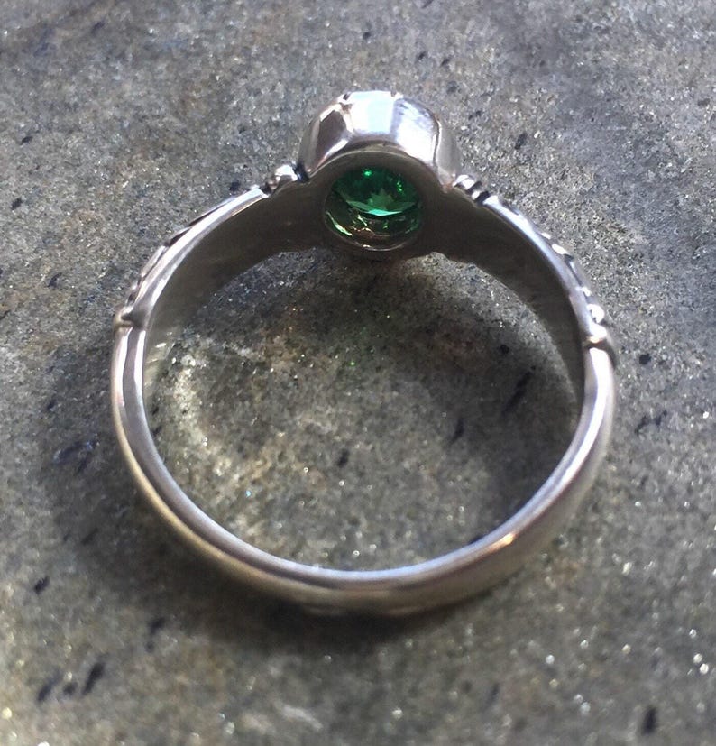 Tribal Emerald Ring, Created Emerald, Antique Ring, Vintage Ring, Bohemian Ring, Thick Band Ring, Sterling Silver Ring, Green Solitaire Ring image 8