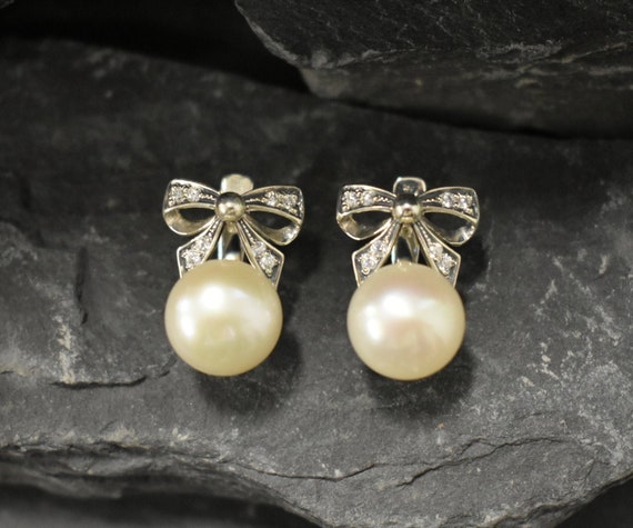 White Pearl Earrings, Natural Pearl, Ribbon Earrings, Large Bow Earrings,  White Vintage Earrings, Heavy Earrings, Solid Silver Earrings - Etsy