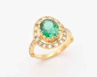 Gold Emerald Ring, Emerald Ring, Created Emerald, Gold Victorian Ring, Green Emerald Ring, Gold Vintage Ring, 18K Gold Ring, 925 Silver Ring