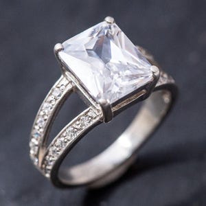 Diamond Ring, Created Diamond Ring, Rectangle Ring, Bridal Ring, Vintage Ring, Radiant Diamond Ring, Zircon Ring, Solid Silver Ring, Diamond