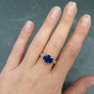 Sapphire Ring, Blue Sapphire Ring, Created Sapphire, Horizontal Ring, Blue Vintage Ring, Blue Diamond Ring, Royal Blue Ring, 925 Silver Ring image 2