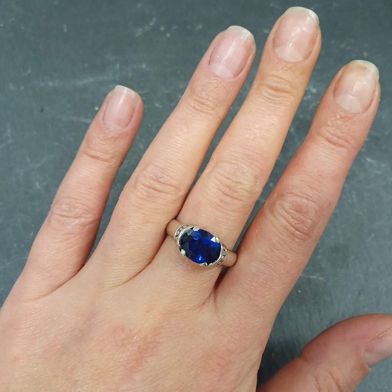 Sapphire Ring, Blue Sapphire Ring, Created Sapphire, Horizontal Ring, Blue Vintage Ring, Blue Diamond Ring, Royal Blue Ring, 925 Silver Ring image 2
