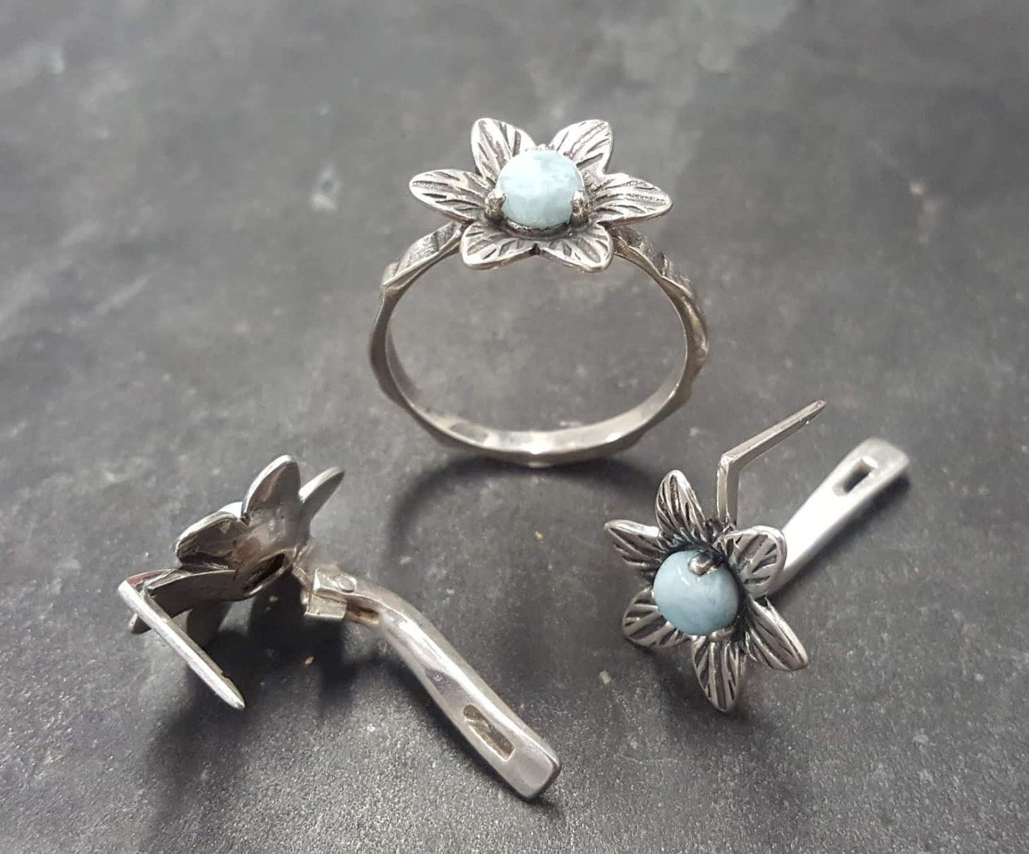 Blue Flower Earrings, Natural Larimar, Artisan Rose Earrings, Dainty  Earrings, Blue Vintage Earrings, March Birthstone, Jewel of Atlantis