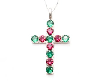 Large Cross Pendant, Emerald Cross Pendant, Emerald Ruby Necklace, Statement Cross Necklace, Created Emerald Necklace, Baptism Necklace