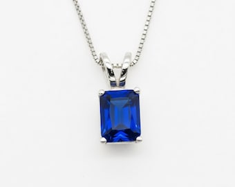 Sapphire Pendant, Dainty Necklace, Created Sapphire Pendant, Baguette Necklace, Sterling Silver Necklace, Emerald Cut Pendant, Emerald Cut