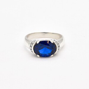 Sapphire Ring, Blue Sapphire Ring, Created Sapphire, Horizontal Ring, Blue Vintage Ring, Blue Diamond Ring, Royal Blue Ring, 925 Silver Ring image 3