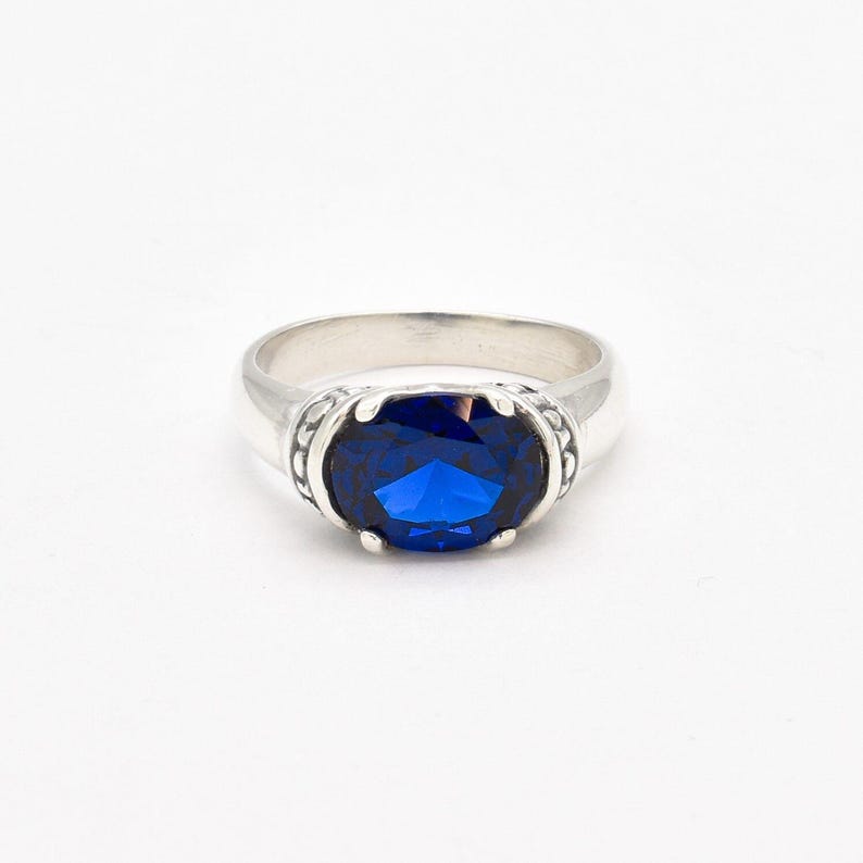 Sapphire Ring, Blue Sapphire Ring, Created Sapphire, Horizontal Ring, Blue Vintage Ring, Blue Diamond Ring, Royal Blue Ring, 925 Silver Ring image 3