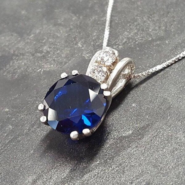 Sapphire Pendant, Created Sapphire, Royal Blue Pendant, Blue Diamond Pendant, Round Pendant, Vintage Pendant, Solid Silver Pendant, Sapphire