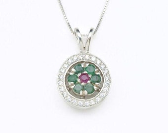 Emerald Pendant, Ruby Pendant, Flower Pendant, Natural Emerald, May Birthstone, Vintage Pendant, Silver Pendant, Real Emerald, Emerald, Ruby