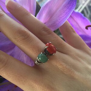 Red Coral Ring, Emerald Ring, Two Stone Ring, Natural Emerald, Vintage Ring, May Birthstone, Bohemian Ring, 925 Silver Ring, Natural Coral image 3