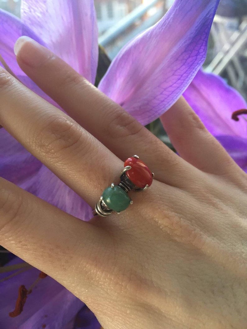 Red Coral Ring, Emerald Ring, Two Stone Ring, Natural Emerald, Vintage Ring, May Birthstone, Bohemian Ring, 925 Silver Ring, Natural Coral image 3