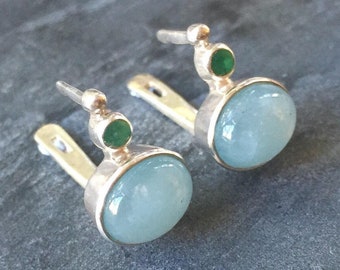 Aquamarine Earrings, Natural Aquamarine, Emerald Earrings, Natural Emerald, March Birthstone ,May Birthstone, Solid Silver, Silver Earrings
