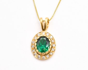Gold Emerald Pendant, Created Emerald, Green Oval Necklace, Diamond Halo Necklace, Vintage Emerald Pendant, Green Diamond. Adina Stone