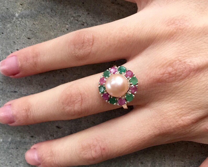 Vintage Pearl Ring, Pearl Ring, Emerald Ring, Vintage Rings, Birthstone Ring, Ruby Ring, Vintage Emerald Ring, Cream Pearl, Vintage Ruby image 7