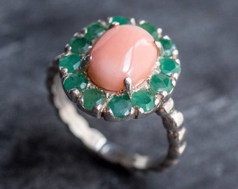 Coral Ring, Natural Coral, March Birthstone, Emerald Ring, Natural Emerald, May Birthstone, Victorian Ring, Angel Skin Coral, Solid Silver