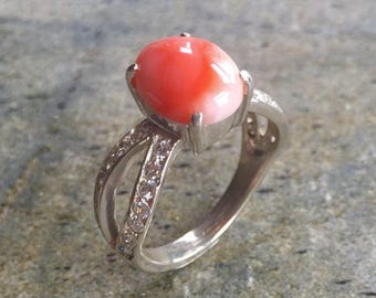 Korallenring, natürliche Koralle, Engelshaut Koralle, massiver Silberring, italienische Koralle, reines Silber, Versprechensring, Naturstein, Sterlingsilber