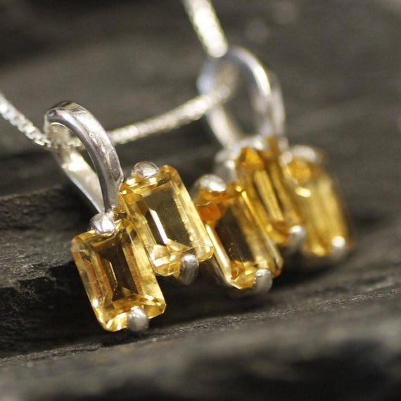 Citrine Pendant, Baguette Pendant, Natural Citrine, Emerald Cut Necklace, November Birthstone, Dainty Yellow Pendant, Solid Silver Pendant